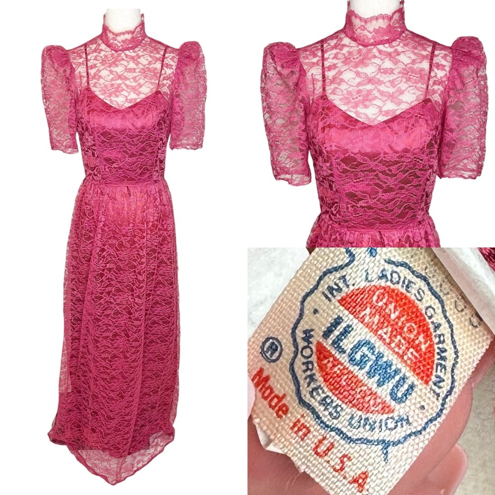 Vintage 80s Union Made Floral Lace Overlay High Neck Puff Sleeve Formal Dress